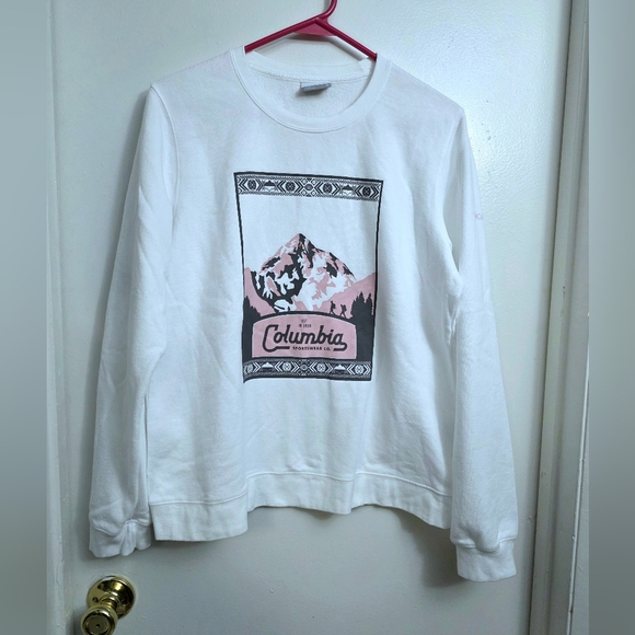 Columbia Womens Sweatshirt White Fleece  Pull Over w Pink Graphic Print Mountain - Picture 1 of 8
